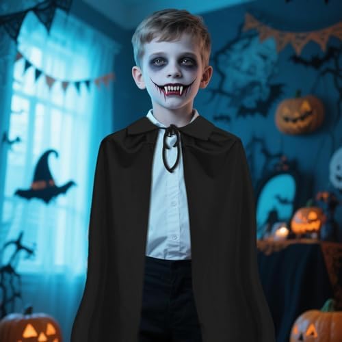 Kinder Vampir Zähne Kostüm 2 Stück Schwarz + 3 Blutpillen + Einlagiger Umhang 90cm