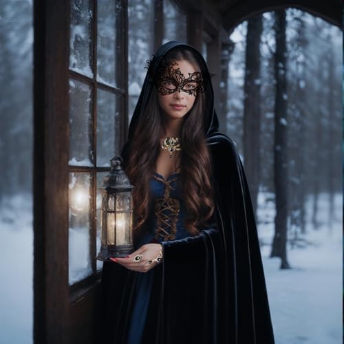 Black Cape with Hood Set, 170cm Silberhaar Cape for Women with Lace Mask & Gothic Accessories, Medieval Vampire Cape for