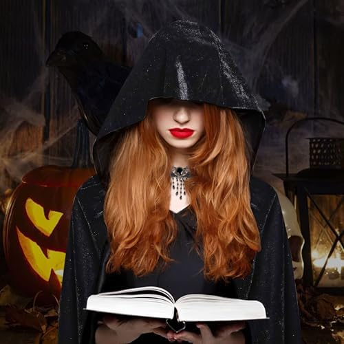 Halloween Kostüm Damen Schwarzer Samt Umhang mit Kapuze Set,Vampir Umhang für Halloween Party.maskerade Mittelalter Cape