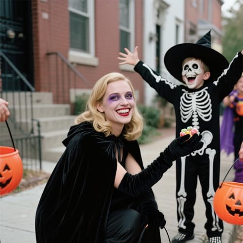 Vampir Kostüm Herren Schwarz Horror Samt Umhang Mit Kapuze, Halloween Karneval Kostüm für Erwachsene, 170cm Lang Schwarz