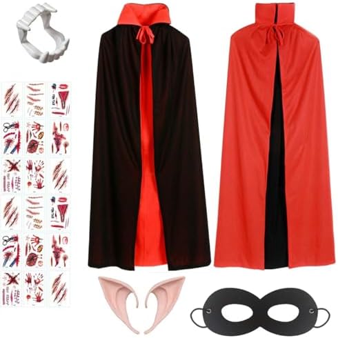 Vampir Kostüm Set für Kinder Halloween Kostüm mit doppelseitiger Umhang und Zähnen, Maske und Tattoos, für Jungen und Mä
