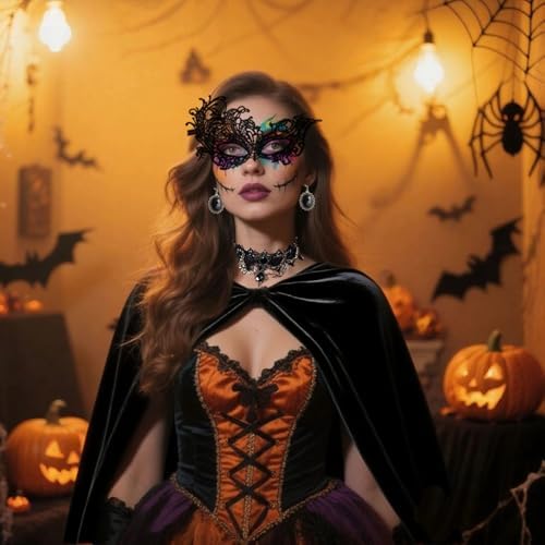 Black Cape with Hood Set, 170cm Silberhaar Cape for Women with Lace Mask & Gothic Accessories, Medieval Vampire Cape for