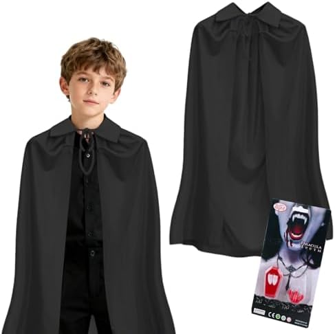 Kinder Vampir Zähne Kostüm 2 Stück Schwarz + 3 Blutpillen + Einlagiger Umhang 90cm