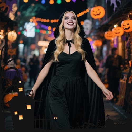 Vampir Kostüm Herren Schwarz Horror Samt Umhang Mit Kapuze, Halloween Karneval Kostüm für Erwachsene, 170cm Lang Schwarz