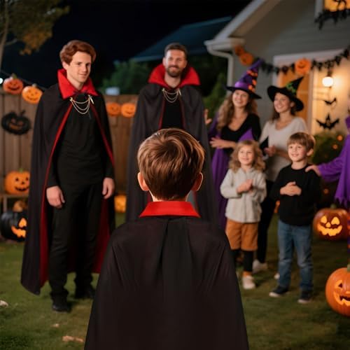Halloween Vampir Kostüm Schwarz Rot, Doppelseitig Dracula Umhang mit Kunstblut & Zähne für Kinder & Erwachsene Schwamm M