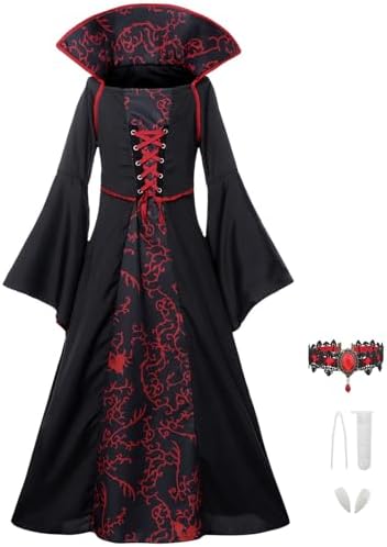  **Vampir Kostüm Kinder Gothic Kleid Halloween Set**
| **Gothic Vampire Kostüm Mädchen mit Halskette für Horror Party**
