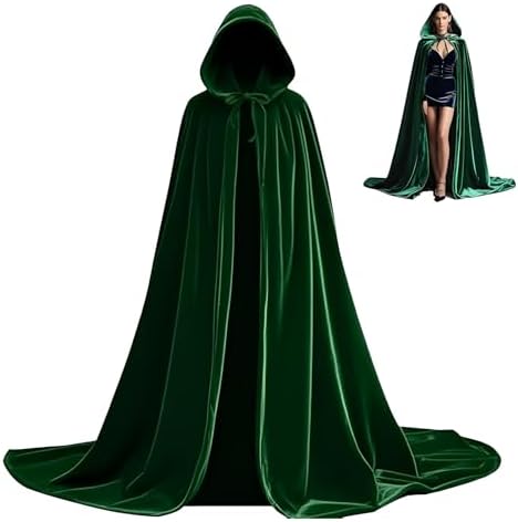 Vampir Kostüm Herren Schwarz Horror Samt Umhang Mit Kapuze, Halloween Karneval Kostüm für Erwachsene, 170cm Lang Schwarz