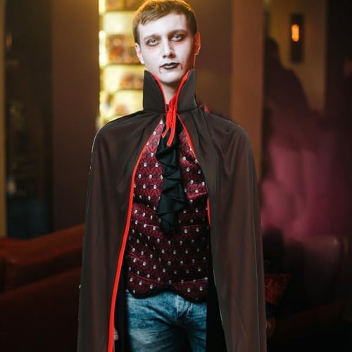 WINOMO Vampir Umhang Herren Schwarz & Rot für Cosplay und Halloween Specieller Stehkragen und Stretch-Material in L-Medi