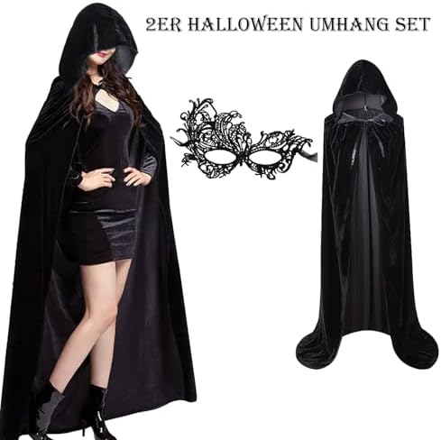 Halloween Kostüm Damen Schwarzer Samt Umhang mit Kapuze Set,Vampir Umhang für Halloween Party.maskerade Mittelalter Cape