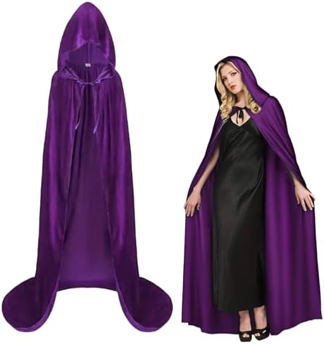 Vampir Kostüm Herren Schwarz Horror Samt Umhang Mit Kapuze, Halloween Karneval Kostüm für Erwachsene, 170cm Lang Schwarz