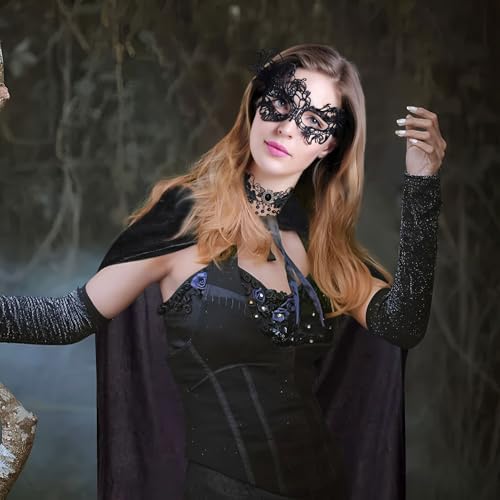 Halloween Kostüm Damen Schwarzer Samt Umhang mit Kapuze Set,Vampir Umhang für Halloween Party.maskerade Mittelalter Cape