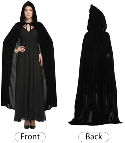 Halloween Kostüm Damen Schwarzer Umhang 3er Set 150cm Samt Schwarzer Umhang mit Kapuze Schwarz Phönix Maske für Karneval