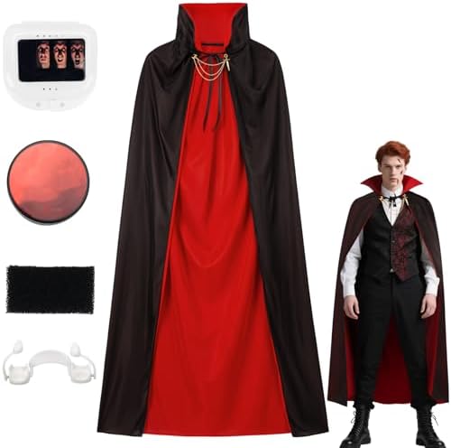 Halloween Vampir Kostüm Schwarz Rot für Erwachsene & Kinder mit Kunstblut & Zähne & Karneval Umhang Cosplay 90/120/150cm