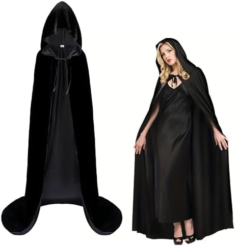 Vampir Kostüm Herren Schwarz Horror Samt Umhang Mit Kapuze, Halloween Karneval Kostüm für Erwachsene, 170cm Lang Schwarz