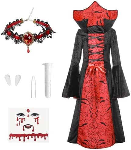  **Vampir Kostüm Kinder Gothic Kleid Halloween Set**
| **Gothic Vampire Kostüm Mädchen mit Halskette für Horror Party**
