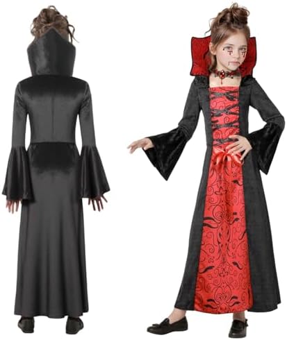  **Vampir Kostüm Kinder Gothic Kleid Halloween Set**
| **Gothic Vampire Kostüm Mädchen mit Halskette für Horror Party**
