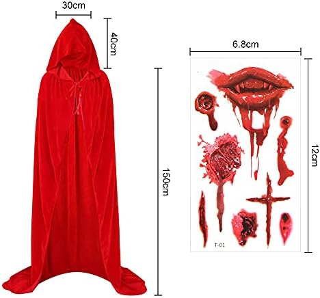  Halloween Umhang mit Kapuze Erwachsene, Blutig Tattoo-Aufkleber Set, Samt Vampir Cape Rot
| Halloween Umhänge Kostüm Er