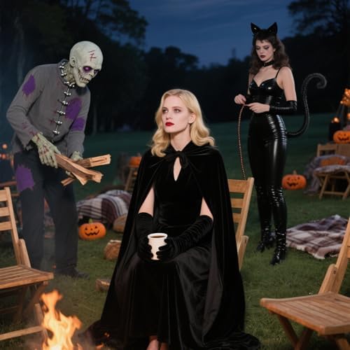 Vampir Kostüm Herren Schwarz Horror Samt Umhang Mit Kapuze, Halloween Karneval Kostüm für Erwachsene, 170cm Lang Schwarz