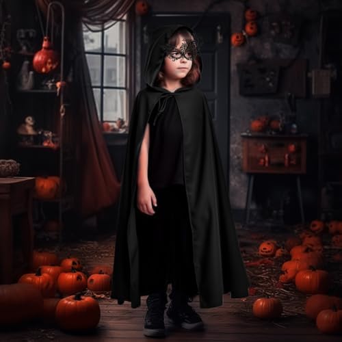 Schwarzer Umhang Mit Kapuze für Erwachsene & Kinder, Halloween & Karneval, Mittelalter Vampir Kostüm (L)  
Schwarzer Umh