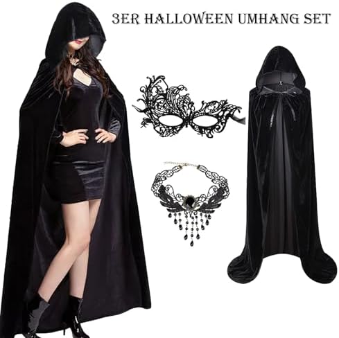 Halloween Umhang Damen Schwarz Capemantel 140/150cm + Maske & Halskette für Karneval Cosplay Party Maskerade