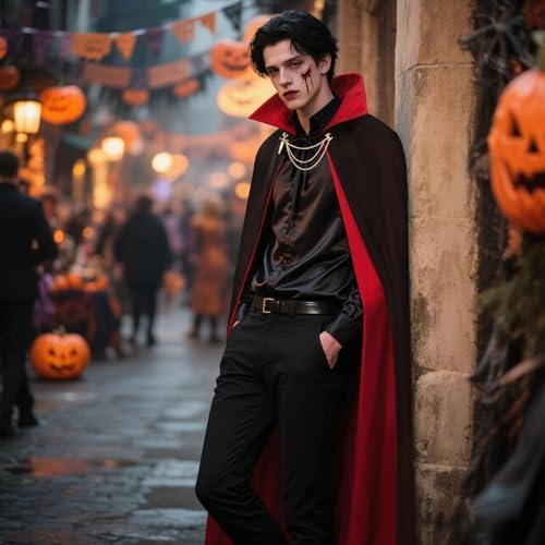Halloween Vampir Kostüm Schwarz Rot für Erwachsene & Kinder mit Kunstblut & Zähne & Karneval Umhang Cosplay 90/120/150cm