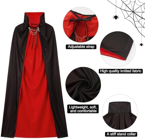 Halloween Vampir Kostüm Schwarz Rot für Erwachsene & Kinder mit Kunstblut & Zähne & Karneval Umhang Cosplay 90/120/150cm
