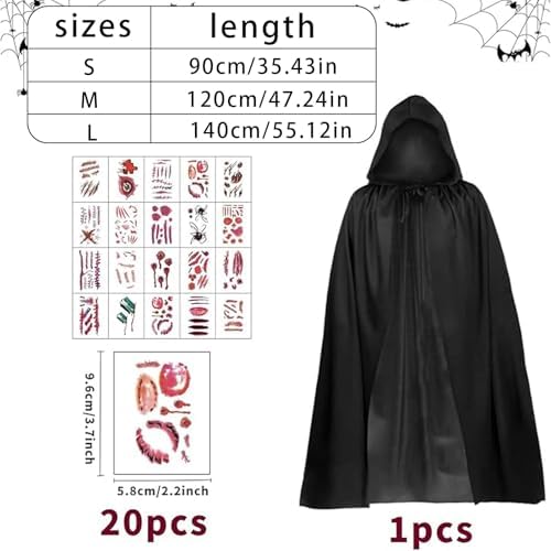Schwarzer Umhang mit Kapuze für Halloween.Cosplay Kostüm mit 20 Narben.Vampir Umhang 90/120/140 CM