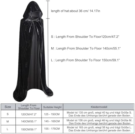 Halloween Umhang Damen Schwarz Capemantel 140/150cm + Maske & Halskette für Karneval Cosplay Party Maskerade