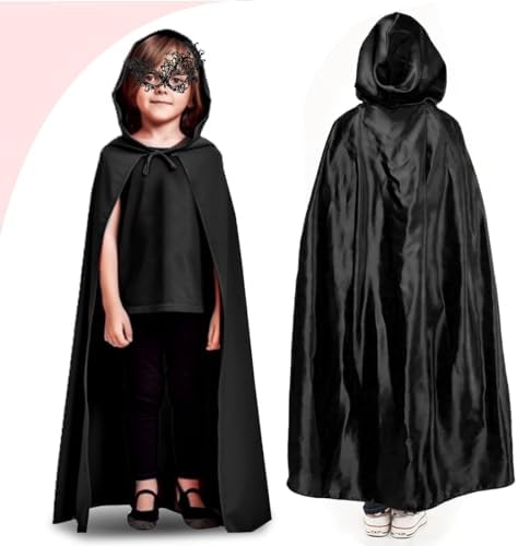 Schwarzer Umhang Mit Kapuze für Erwachsene & Kinder, Halloween & Karneval, Mittelalter Vampir Kostüm (L)  
Schwarzer Umh
