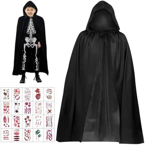 Schwarzer Umhang mit Kapuze für Halloween.Cosplay Kostüm mit 20 Narben.Vampir Umhang 90/120/140 CM