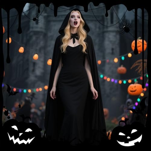 Vampir Kostüm Herren Schwarz Horror Samt Umhang Mit Kapuze, Halloween Karneval Kostüm für Erwachsene, 170cm Lang Schwarz