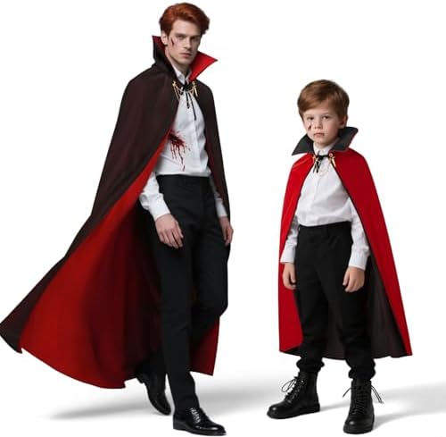 Halloween Vampir Kostüm Schwarz Rot für Erwachsene & Kinder mit Kunstblut & Zähne & Karneval Umhang Cosplay 90/120/150cm