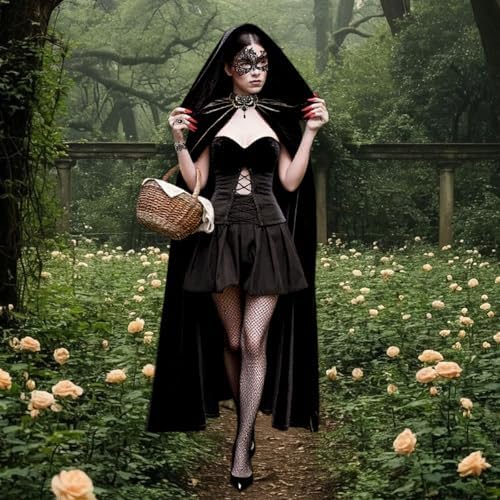 Black Cape with Hood Set, 170cm Silberhaar Cape for Women with Lace Mask & Gothic Accessories, Medieval Vampire Cape for