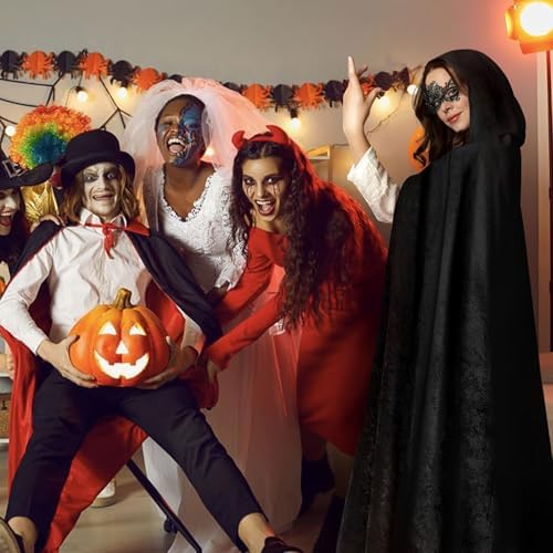 Halloween Kostüm Damen Schwarzer Samt Umhang mit Kapuze Set,Vampir Umhang für Halloween Party.maskerade Mittelalter Cape