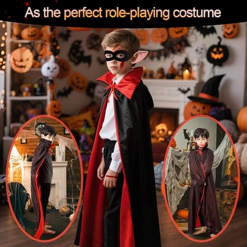 Vampir Kostüm Set für Kinder Halloween Kostüm mit doppelseitiger Umhang und Zähnen, Maske und Tattoos, für Jungen und Mä