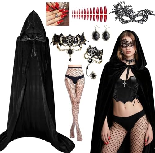 Black Cape with Hood Set, 170cm Silberhaar Cape for Women with Lace Mask & Gothic Accessories, Medieval Vampire Cape for