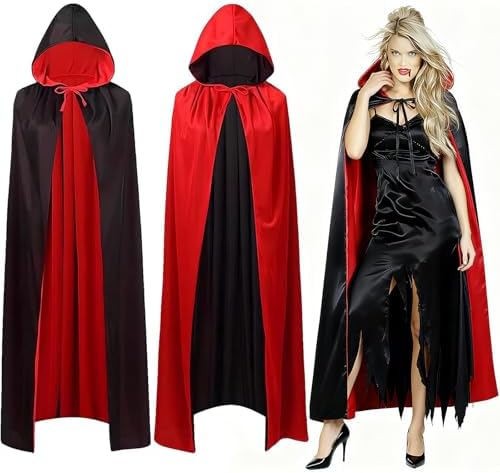 Halloween Vampire Satin Robe Schwarzer Rot für Damen und Herren, Mittelalter Kapuzenumhang, Perfektes Kostüm für Hallowe