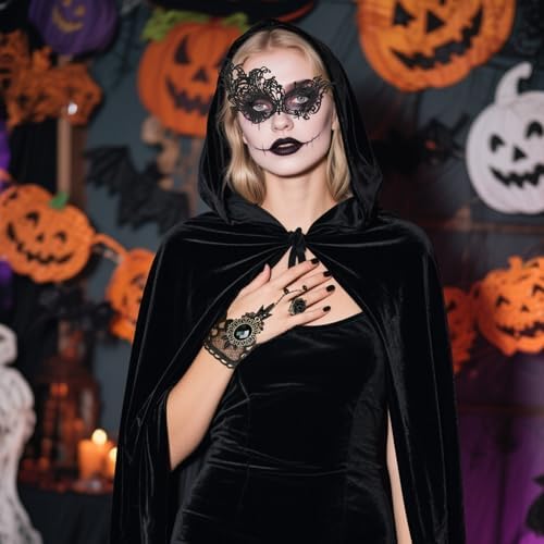 Halloween Kostüm Damen Schwarzer Umhang 3er Set 150cm Samt Schwarzer Umhang mit Kapuze Schwarz Phönix Maske für Karneval