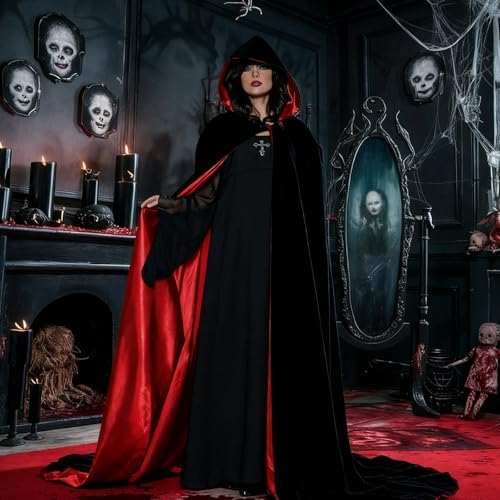 Halloween Vampire Satin Robe Schwarzer Rot für Damen und Herren, Mittelalter Kapuzenumhang, Perfektes Kostüm für Hallowe