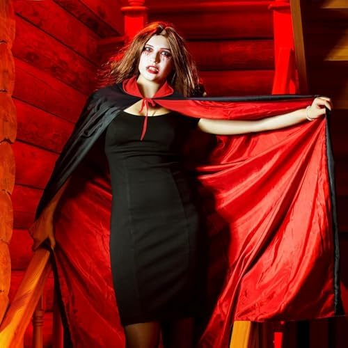 Halloween Vampire Satin Robe Schwarzer Rot für Damen und Herren, Mittelalter Kapuzenumhang, Perfektes Kostüm für Hallowe