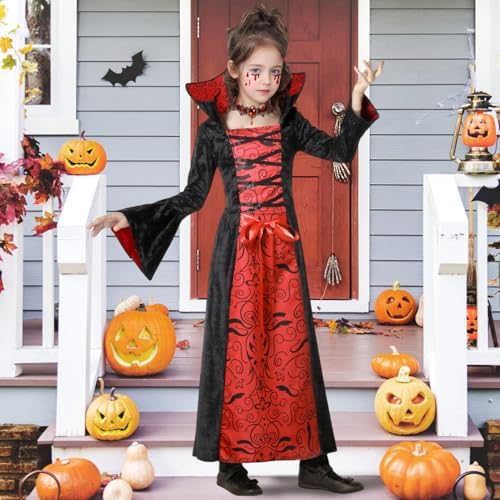  **Vampir Kostüm Kinder Gothic Kleid Halloween Set**
| **Gothic Vampire Kostüm Mädchen mit Halskette für Horror Party**
