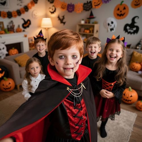 Halloween Vampir Kostüm Schwarz Rot für Erwachsene & Kinder mit Kunstblut & Zähne & Karneval Umhang Cosplay 90/120/150cm