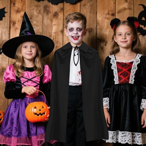Kinder Vampir Zähne Kostüm 2 Stück Schwarz + 3 Blutpillen + Einlagiger Umhang 90cm