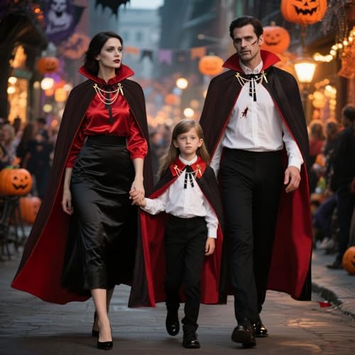 Halloween Vampir Kostüm Schwarz Rot für Erwachsene & Kinder mit Kunstblut & Zähne & Karneval Umhang Cosplay 90/120/150cm