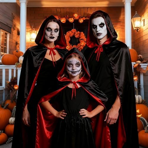 Halloween Vampire Satin Robe Schwarzer Rot für Damen und Herren, Mittelalter Kapuzenumhang, Perfektes Kostüm für Hallowe