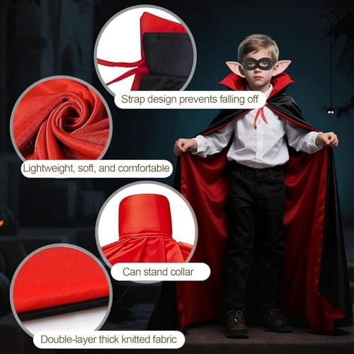Vampir Kostüm Set für Kinder Halloween Kostüm mit doppelseitiger Umhang und Zähnen, Maske und Tattoos, für Jungen und Mä