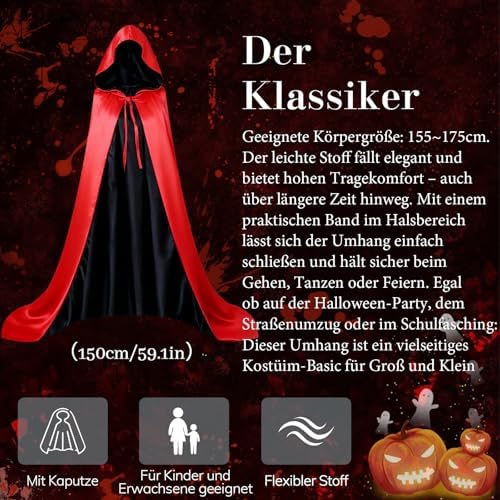 Halloween Vampire Satin Robe Schwarzer Rot für Damen und Herren, Mittelalter Kapuzenumhang, Perfektes Kostüm für Hallowe