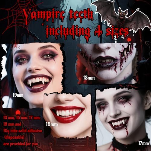  VANERIA 4 Paar Vampirzähne - Solider Klebstoff für Cosplay und Halloween
| VANERIA 4 Paar Vampirzähne - Vegane Kiefer f