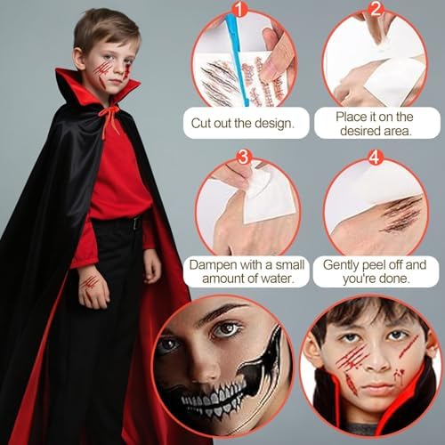 Vampir Kostüm Set für Kinder Halloween Kostüm mit doppelseitiger Umhang und Zähnen, Maske und Tattoos, für Jungen und Mä