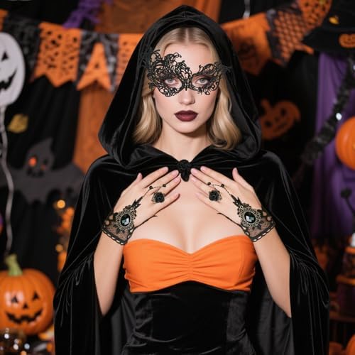 Halloween Kostüm Damen Schwarzer Umhang 3er Set 150cm Samt Schwarzer Umhang mit Kapuze Schwarz Phönix Maske für Karneval